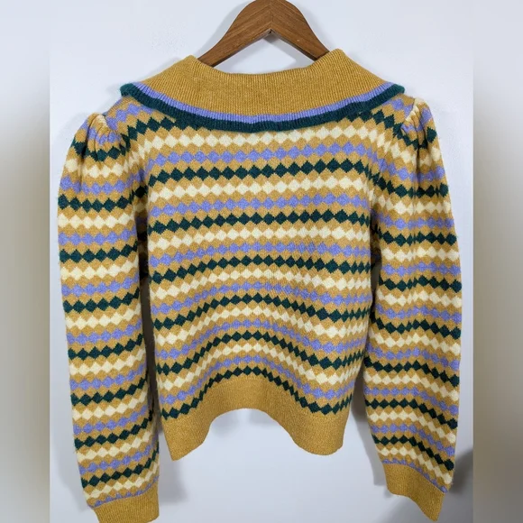 Mango Retro Stripes Acrylic Knit With Collar Ruffle Detail Pullover Sweater NWOT - Picture 4 of 11